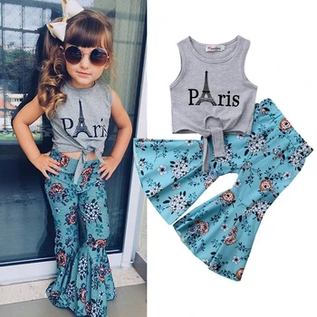 

12M-5Y New Baby Girls Eiffel Tower T-shirt+Wide Leg Floral Pants Clothing set Kids Vest Tops Summer Children Outfits Clothes