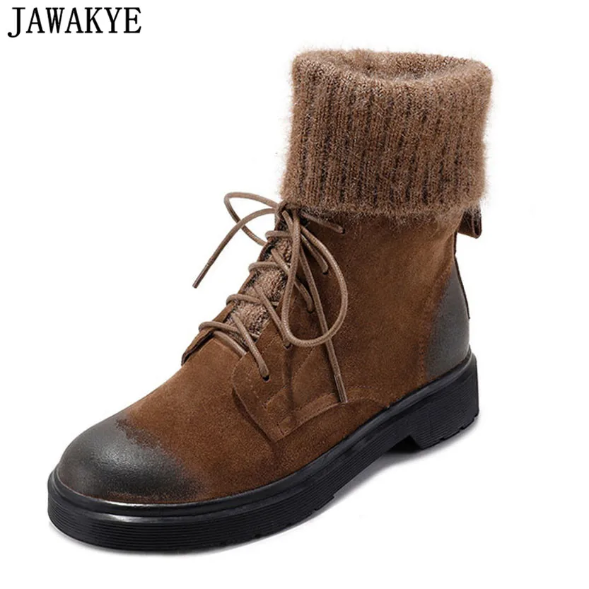 

JAWAKYE Winter vintage Women Motorcycle shoes platform flat heel martin botas knitted worm wool Snow Boots Ankle Boots for women