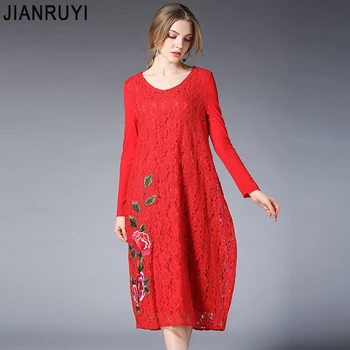 

JIANRUYI 2018 New spring Women Large Size Dress Lace embroidered dress Chinese wind classic red black Long sleeved dress