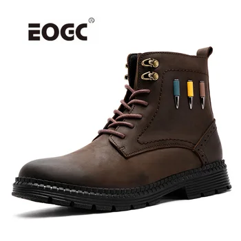 

High Quality Men Boots Autumn Winter Natural Leather Boots Lace-Up Men Shoes Warm Plush Fur Winter Shoes Waterproof Ankle Boots