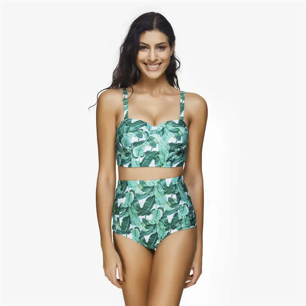 

Plus Size Two Piece Swimsuit Leaf Print Swimwear Women Crop Top Tankini Push Up Bathing Suit 3XL Beachwear Maillot De Bain Green