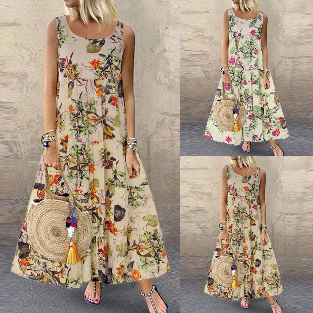 Dresses Women Plus Size Summer 2019 Boho O-Neck Floral Print Long Maxi Dress robe Female Vintage Sleeveless Vestido | Женская одежда