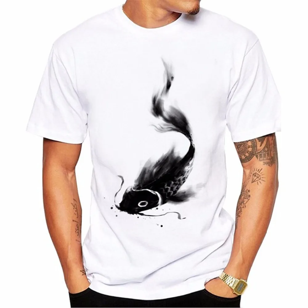 Japanese Ink Fish Print Men T shirt Fashion Summer Art Graphics Printed