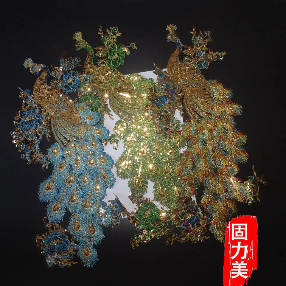 

1pc 47*26cm Embroidered Motif green blue gold peacock Flower patch with sequins Iron On Patches Applique DIY Clothing Accessory