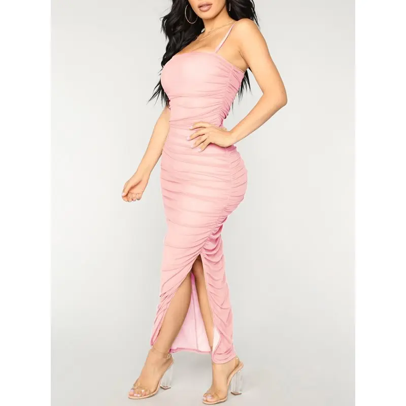

Summer Sexy Club Sweet Pink Sweet Party Women Long Dresses Spaghetti Strap Pleated Backless Split 2019 Plain Maxi Pencil Dress
