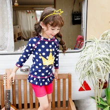 Девушки Купальник одежды из 3 предметов, в белый горошек, комплект с длинным рукавом для плавания детские Плавание одежда Рашгард с защитой от УФ-лучей UPF50+ 90 см-140 см розовый