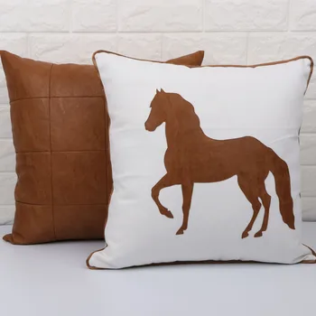 

45x45cm brown pu leather cushion cover lattice pattern pillowcase decorative horse embroidered imitation leather pillow cover