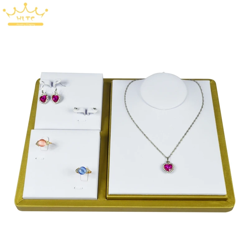 

Gold Leather Jewelry Display Tray Ring Stand Earrings Necklace Holder Window Showcases 22x28x5.5cm