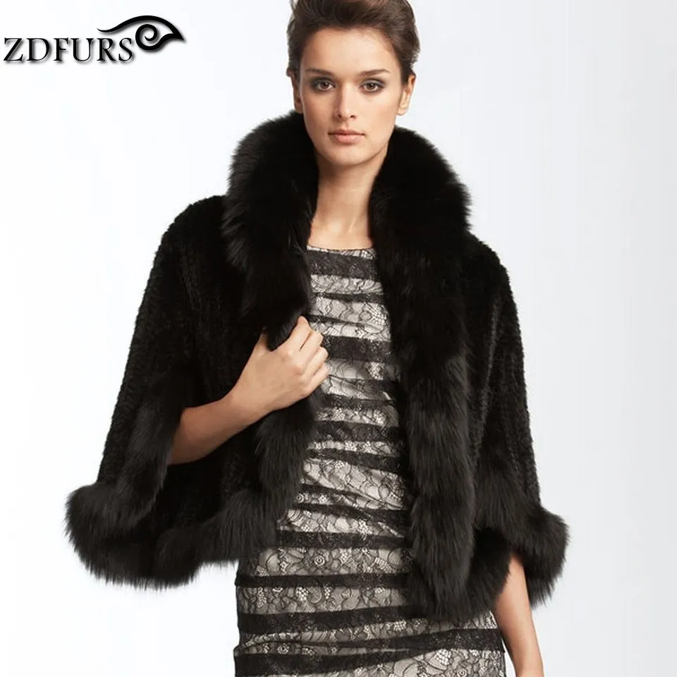 ZDFURS * Новые шапки из меха норки вязаная шаль пончо с лисой отделка натурального