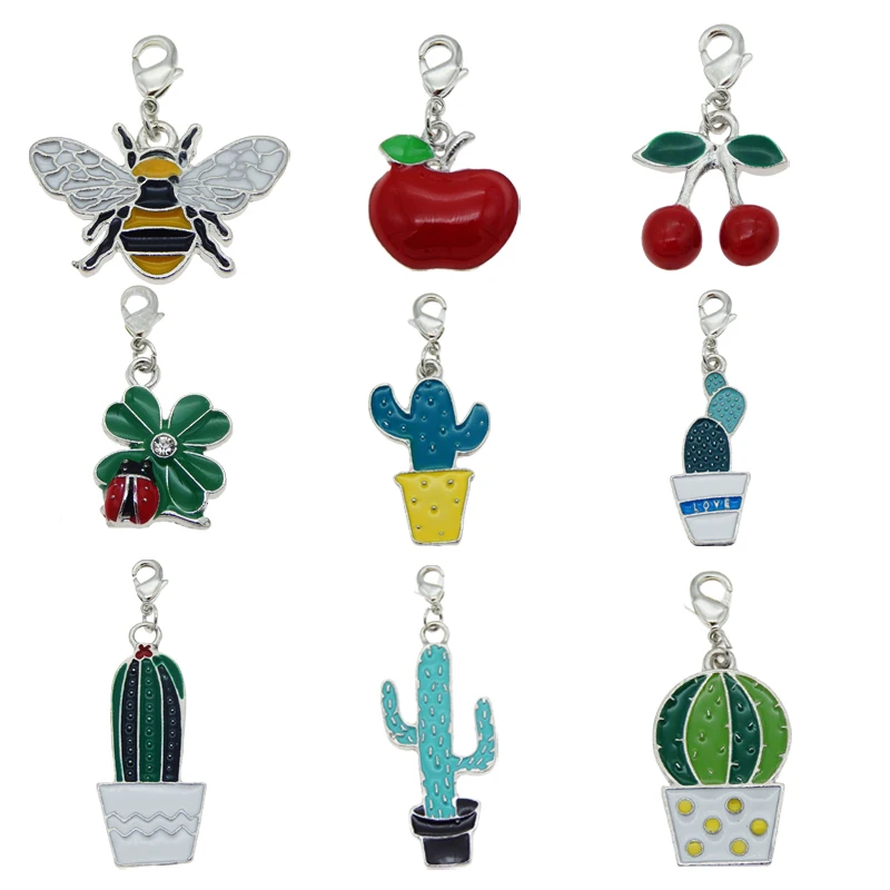 

Julie Wang 4PCS Enamel Bee Apple Cactus Cherry Keychain Alloy Multi-type Lobster Buckle Clasp Charms Key Chains Handmade Jewelry