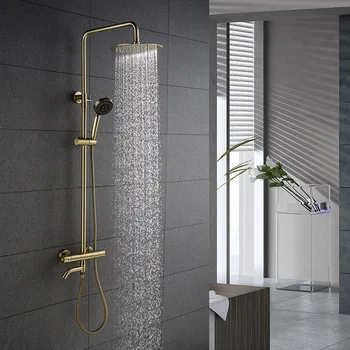 

Brushed Gold Color Bathroom Thermostatic Control Shower Faucet Set Wall Mounted Round Design Rain Shower Head Brass Material