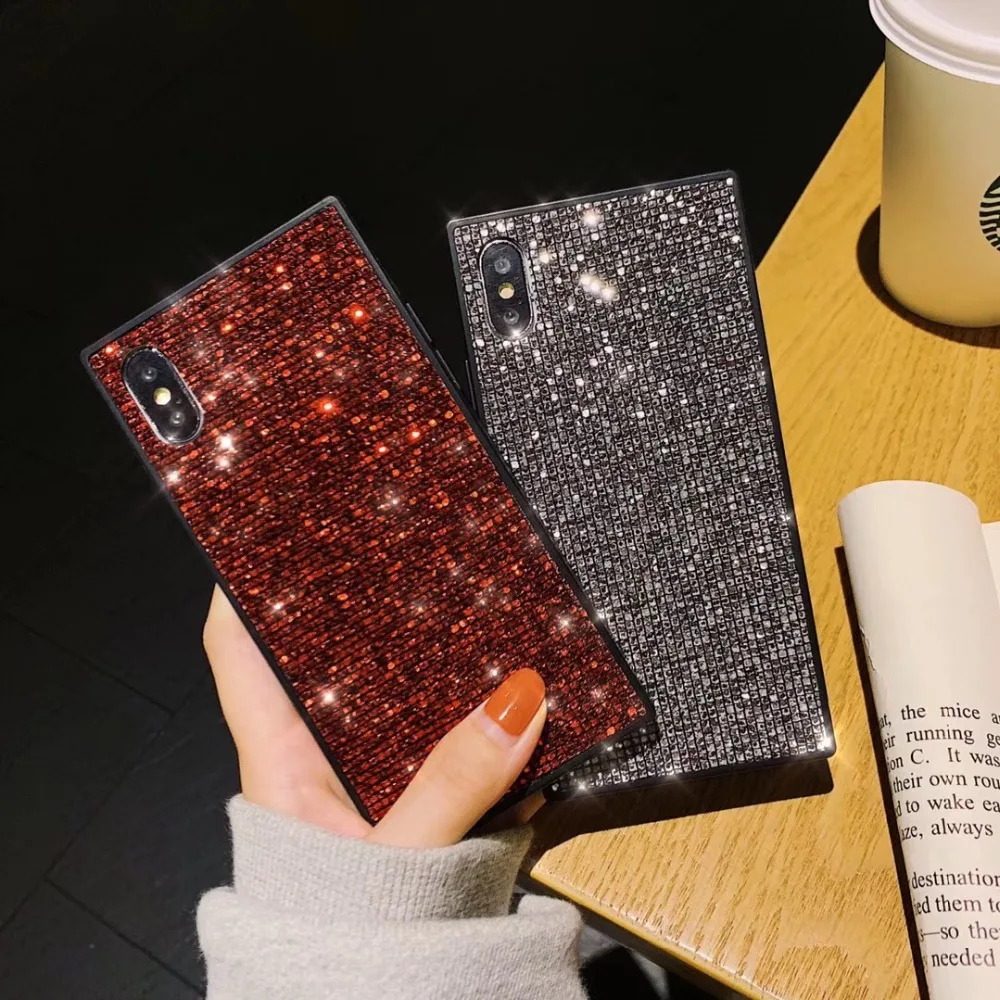 Блестящие Чехлы для iPhone X Xr Xs Max роскошный квадратный Блестящий сетчатый чехол 7 8