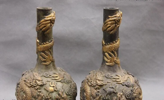 

S0111 China Copper Bronze Fengshui Two Dragon Play Bead Aquarius Bottle Pot Vase Pair D0318