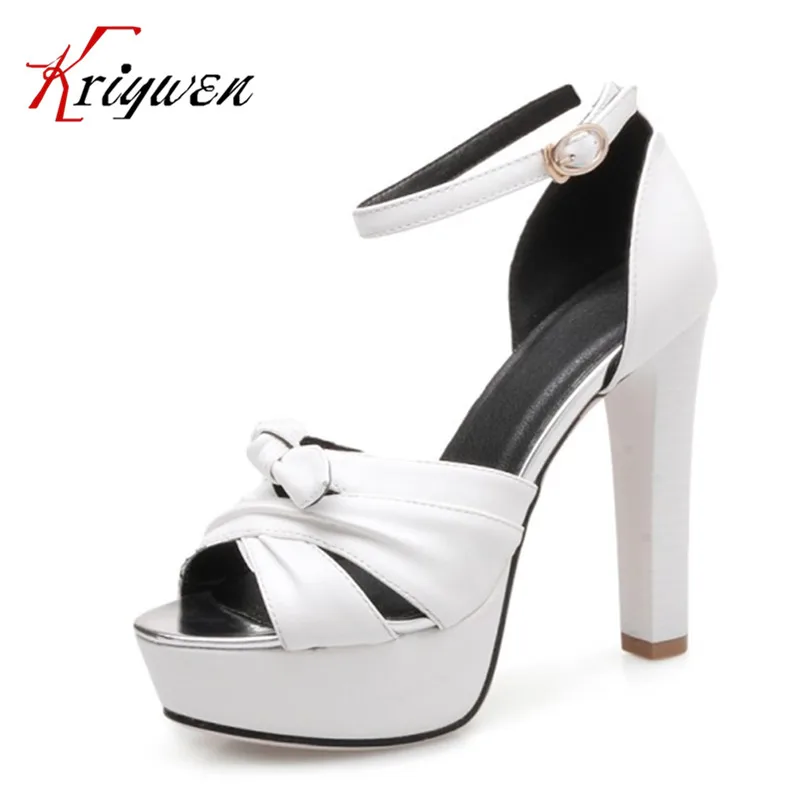 PU sandals for bride white black ankle strap women thick high heels shoes peep toe platforms fashion woman size 32-42 | Обувь