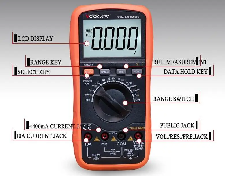 VICTOR VC97 Профессиональный истинный RMS Автоматический диапазон 4000 отсчетов Сопротивление Емкость Частота Температура цифровой мультиметр