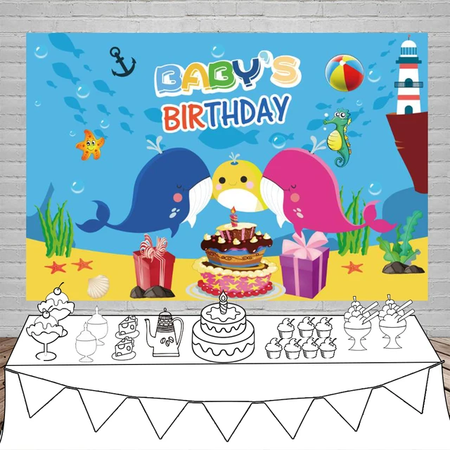 Laeacco Baby Shark Birthday Party Cake Gift Cartoon Bubble Ball Poster Portrait Photo Backgrounds Photo Backdrops Photo Studio