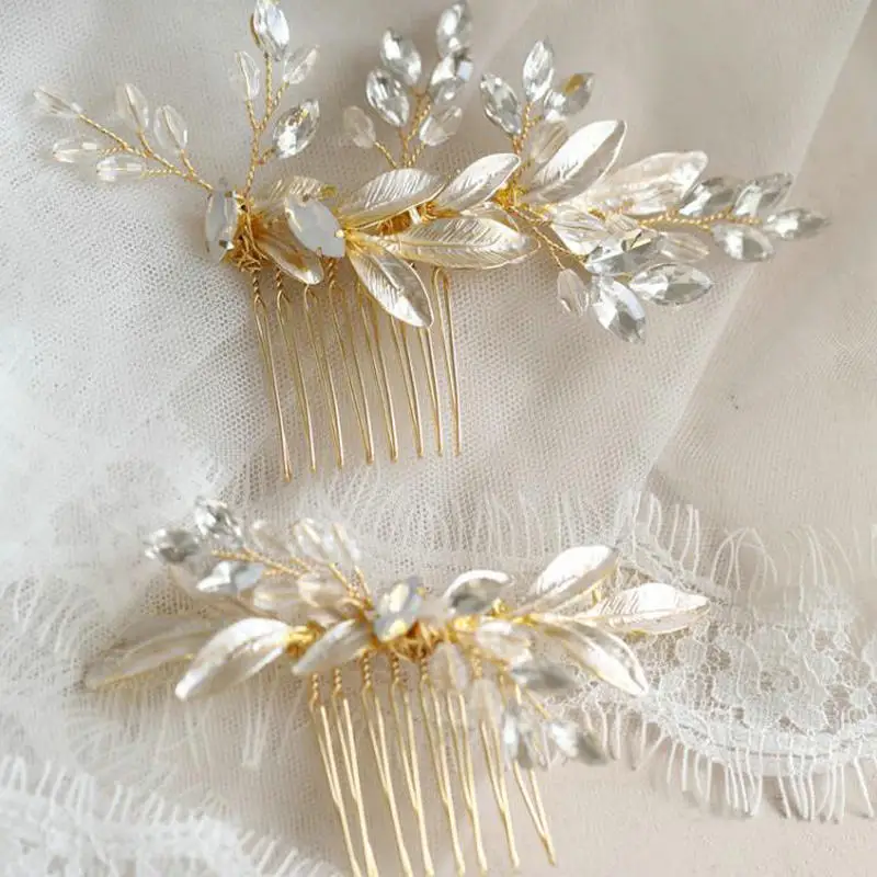 

Gold Bridal Hair Accessory Trendy Pretty Hair Comb Crystal Metal Leaves Hair Jewelry Headpiece