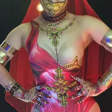 Блестящие боди со стразами Для женщин индийское сари поддельные кусок мяса красный сетчатый комбинезон сексуальный женский ночной клуб DJ DS костюмы