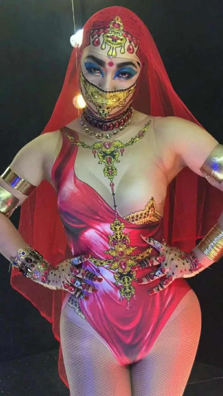 

Sparkly Rhinestones Bodysuit Women's Indian Sari Fake Meat Piece Set Red Mesh Jumpsuit Sexy Female Nightclub Dj Ds Costumes