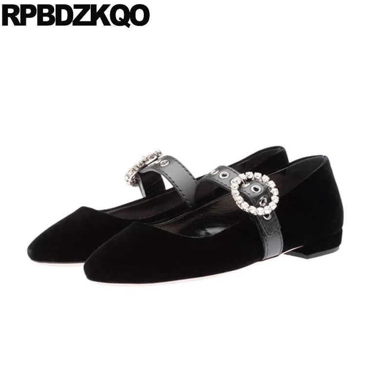 

Crystal Dress Flats Rhinestone Black Large Size Wide Fit Shoes Ladies Retro Metal Velvet Women Mary Jane Round Toe Belts Strap
