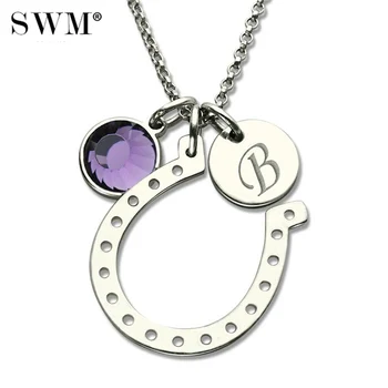 

Women Costume Initial Chain Lucky Horseshoe Charm Necklace Custom Letter Crystal Stone Good Luck Horseshoes Necklaces Silver 925