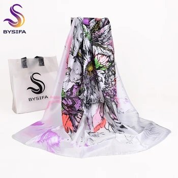

[BYSIFA] Autumn Women Long Scarves Wraps 2018 New Brand Grey Purple Flowers Ultralong Silk Scarf Shawl Top Grade Winter Scarves