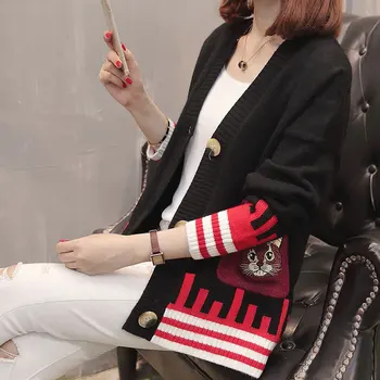 

[EWQ] 2020 Spring Autumn New Pattern V Collar Long Sleeve Knitting Single Breasted Print Patchwork Casual Sweater Women AG75705