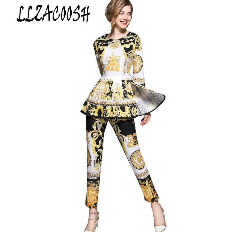 

New Fashion Women Two Piece Set 2018 Autumn Ruffles Pleated Split Long Print Flower Crop + Pencil Trousers Pant Suits