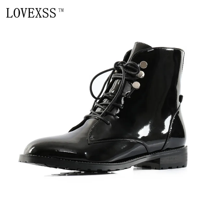

LOVEXSS Full Grain Leather Patent Leather Ankle Boots Autumn Winter Black Red Plush Warm Woman Shoes Waterproof Lace-Up Boots
