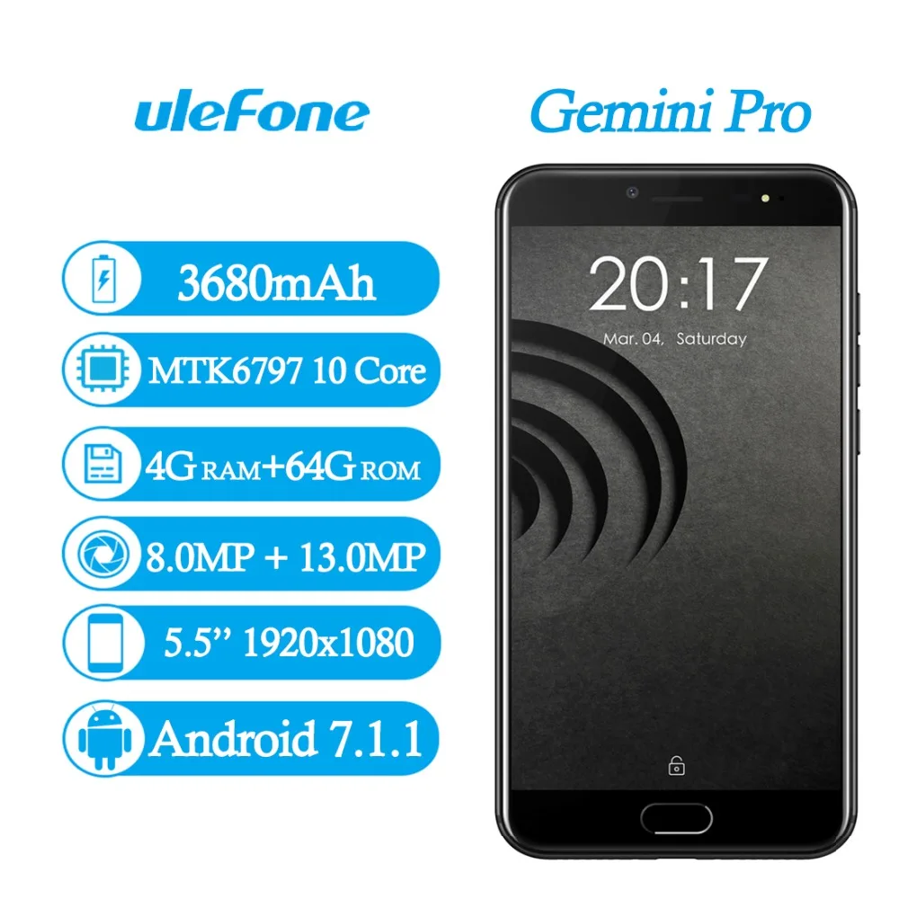 Ulefone Близнецы Pro мобильный телефон 5 дюймов FHD 4G LTE mtk6797 десять ядер Android 7 1 B + 6 13MP