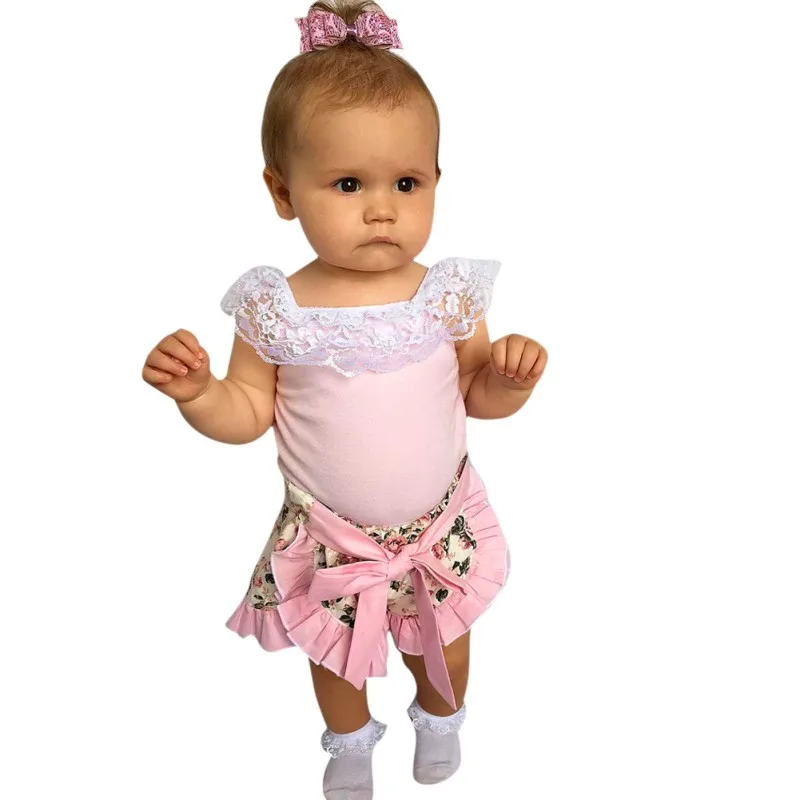 

Summer Kids Toddler Baby Girls Cute Lace Tops T-shirt+Floral Shorts Culottes Outfits Set Costume 0-24M