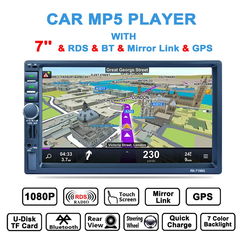 

7" Touch Screen 1080P Auto Media Player USB Bluetooth Audio Car Radio Multimidia Support SWC GPS Backlight TF Card USB AUX IN