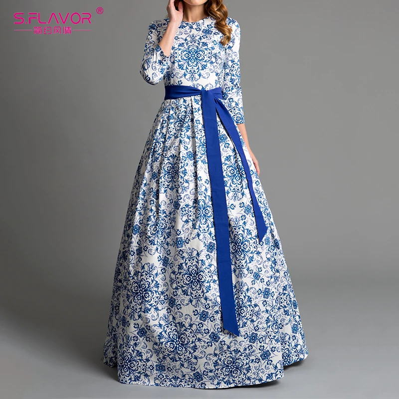 

S.FLAVOR blue printing party long dress Elegant women three quarter sleeve backless sexy vestidos female bohemian Women dress