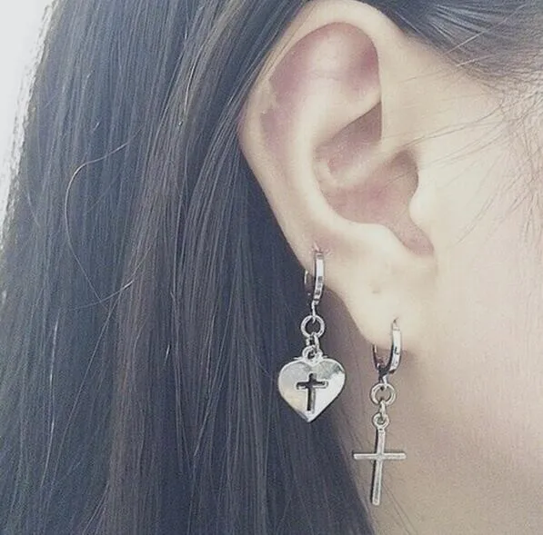 

ea449 European punk handmade Vintage fashion geometric cross frame heart earrings asymmetric earrings female jewelry accessories