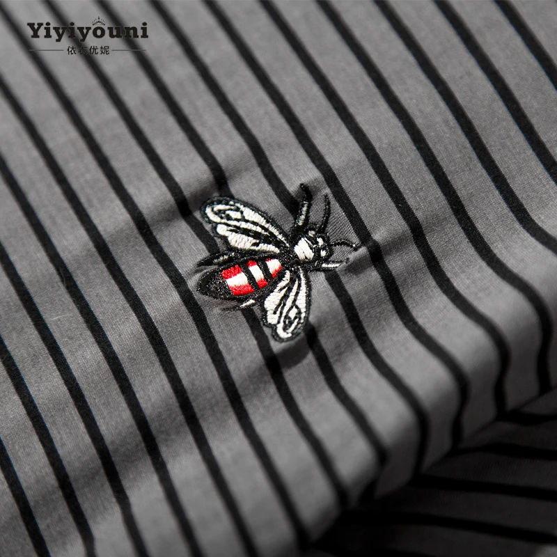 Yiyiyouni 2019 الصيف الأسود مخطط النحل التطريز فساتين النساء عارضة طويل مستقيم الكاحل طول قميص اللباس المرأة زائد حجم