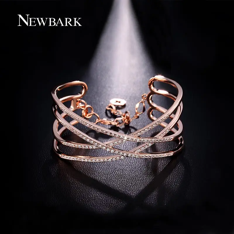 

NEWBARK Fashion Copper Jewelry Bracelets&Bangles X Shape Cross Cubic Zirconia Cuff Bracelets With Link Chain Best Jewelry Gift