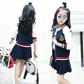 

2017 New Fashion Child Clothes Sets Autumn Wind Jacket +skirt Suits 4-12 Ages Navy Blue Color Free Shipping