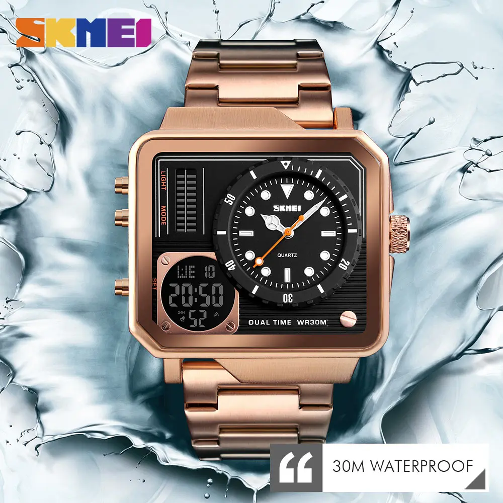 

SKMEI Waterproof Big Dual Display Watches Business Stainless Steel Digital Quartz Electronic Gentleman Wristwatch Luminous 1392