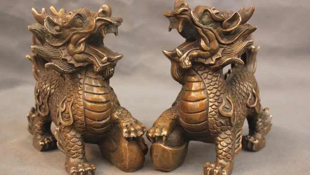 

7" China Fengshui Door Guardian Beast Dragon Kylin Protect Family Bronze Statue