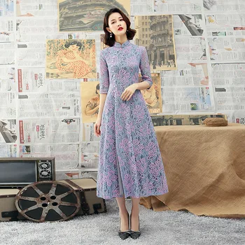 

New Fashion Lace Mandarin Collar Silm Qipao Chinese Traditional Women Dress Vintage Lady Sexy Embroidery Cheongsam Size M-4XL