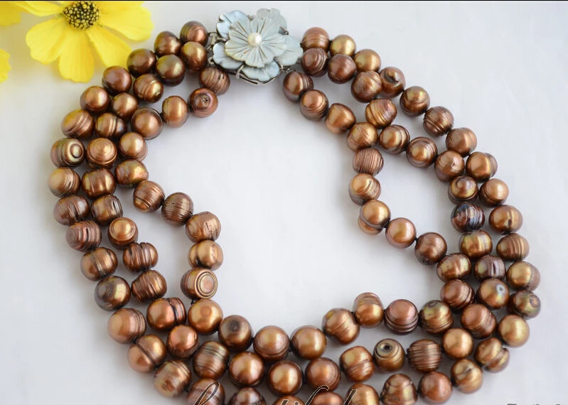 

fast 3strands 14mm almost round coffee screw thread freshwater pearl necklace (Z6560) (A0329)