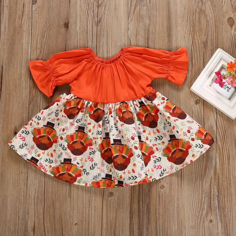 

New Infant Kids Dresses Thanksgiving Turkey Party Clothes Short Sleeve Cotton Dresses Kids Outfit For Baby Girls