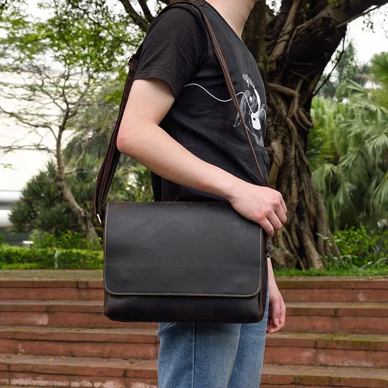 

Men's Vintage crazy horse leather messenger bag A4 Genuine leather shoulder bag iPad Thick Cow leather school bag magnetic flap
