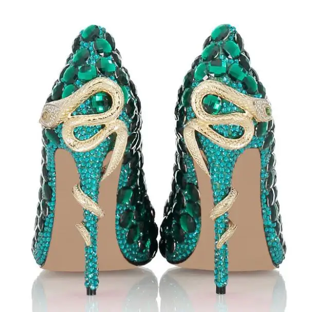

Autumn hand - inlaid green water drill European and American leather high - heeled shoes with pointed toes