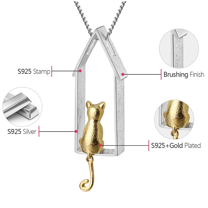 925 Sterling Silver Handmade Fine Jewelry Original Gold Cute Gazing Cat Design Pendant without Necklace for Women Lotus Fun pendant necklace silver pendant silver necklace charms