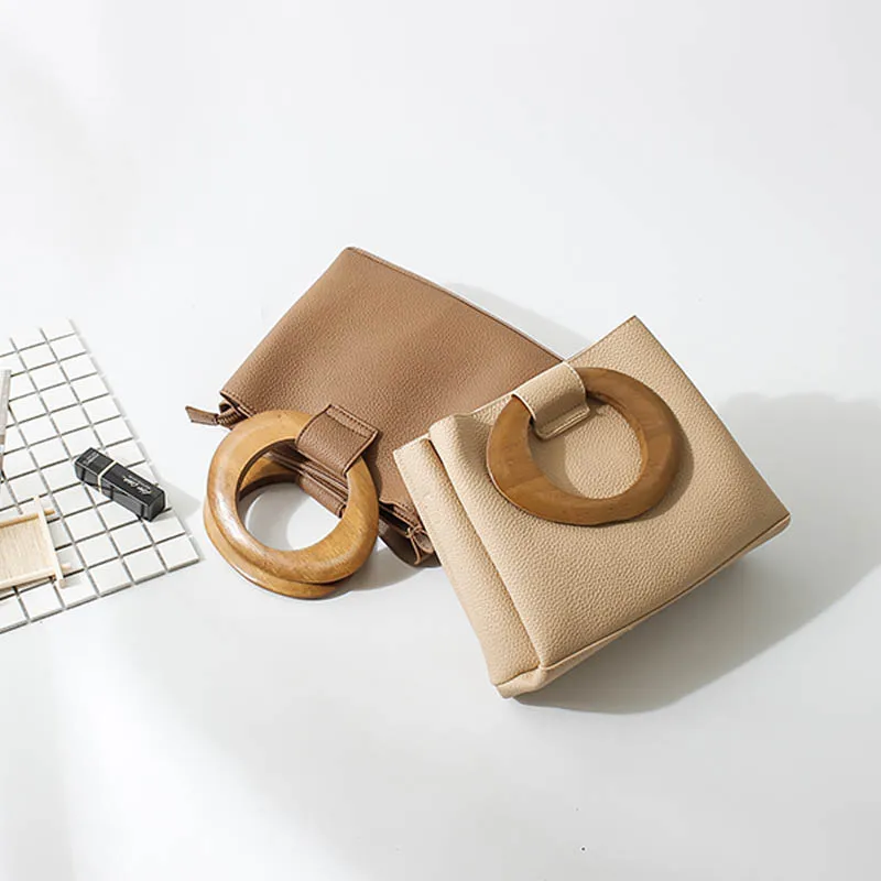 

Vintage Wooden Ring Handle Women Handbags Casual Shoulder Messenger Bag Luxury Crossbody Bags Designer Purse Large Tote Buckets
