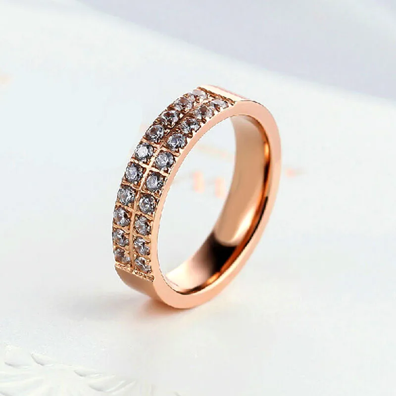 Титан Сталь розовое золото Цвет Свадебные Кольца для Для женщин две полосы Halo AAA кубический цирконий, ювелирные anillos lr436547