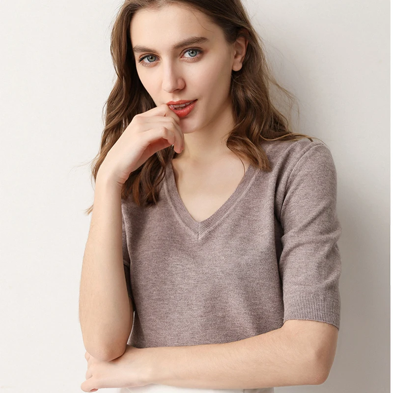 

Soft V-neck Sweaters and Pullovers for Women Cashmere Vertical Short Sleeve Spring Autumn Blouse Tops Female Brand Jumper