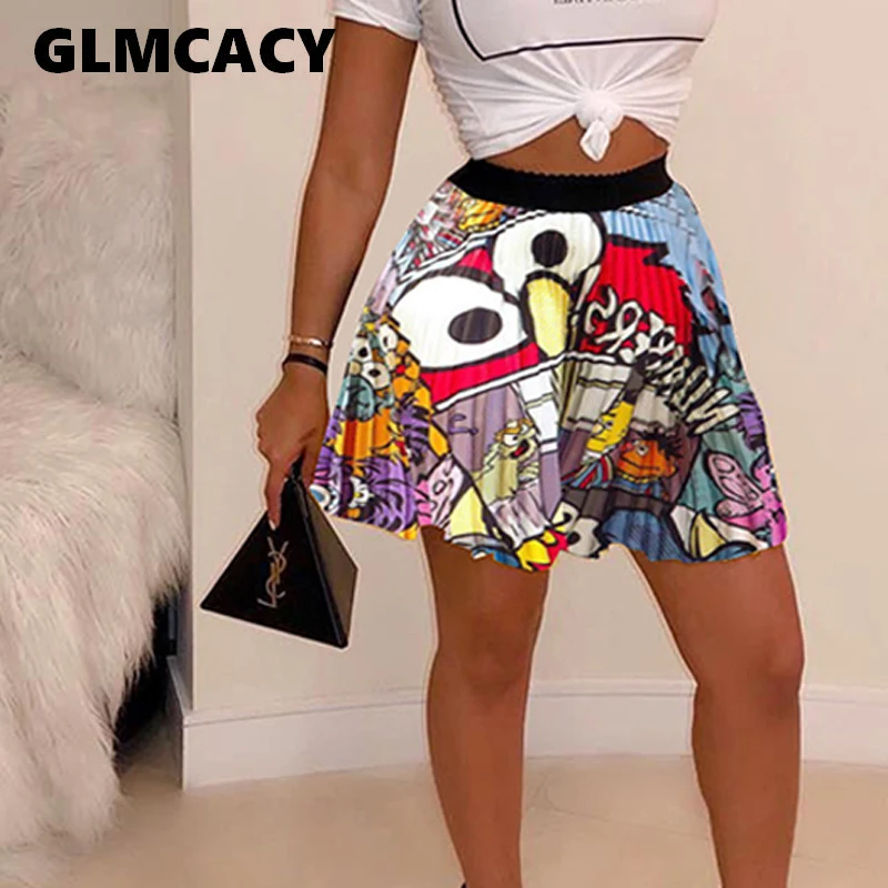 

Women Cartoon Printed Pleated Plus Size Skirt Above Knee Mini Harajuku High Waist Streetwear Fashion Music Festival Clothing