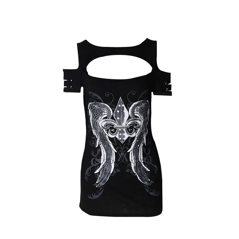 

JIEZuoFang Fashion sexy Women T-shirts Short Sleeve Hollow Out Tops Print Wings Tops Tee Hole Harajuku Girls Punk T-shirts